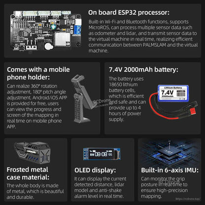 PALMSLAM handheld LiDAR scanner feature overview: ESP32, phone holder, 7.4V battery, OLED, 6-axis IMU, metal case