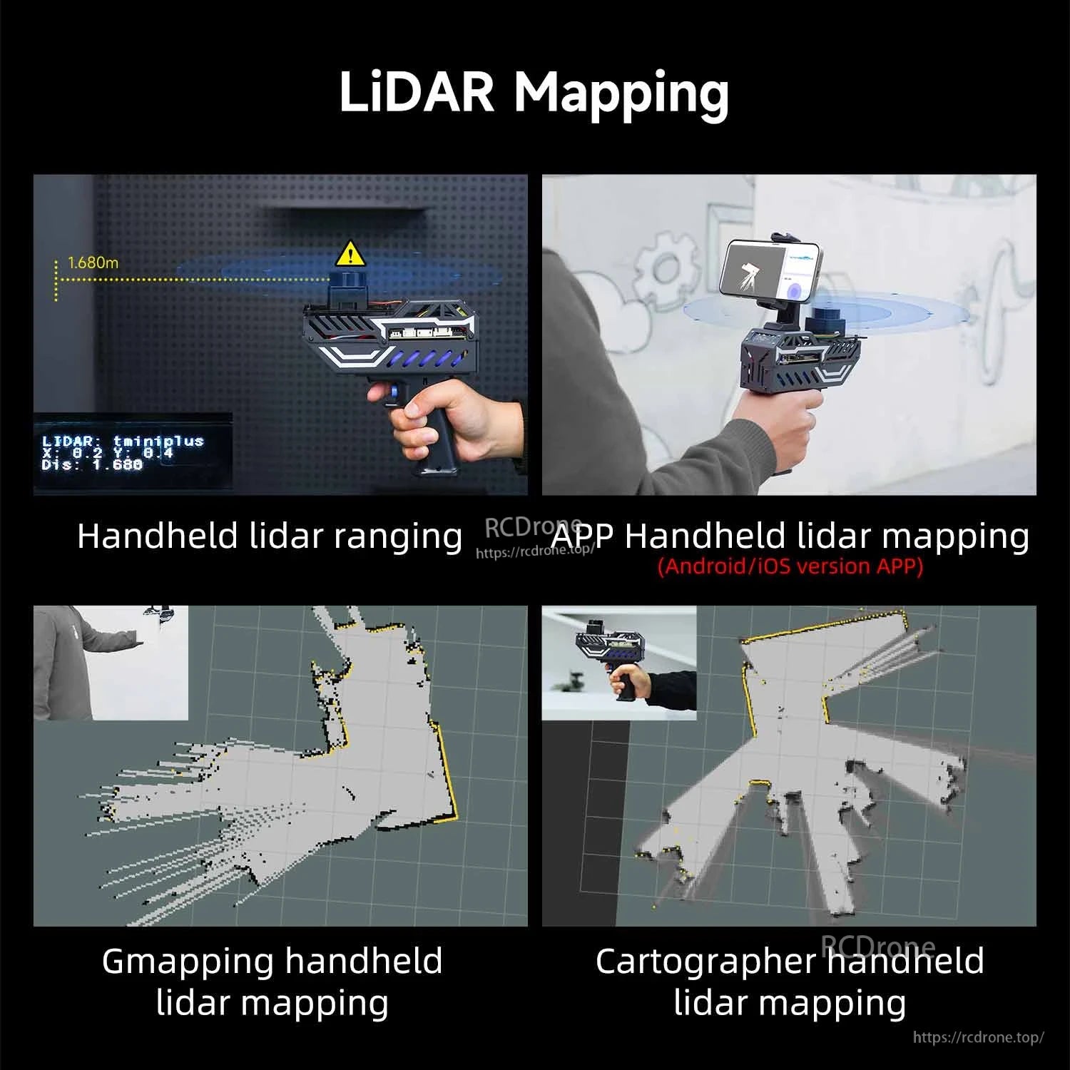 LiDAR mapping examples showing handheld ranging and app mapping results (Gmapping and Cartographer)