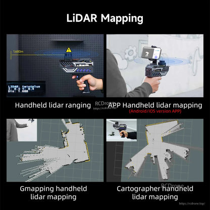 LiDAR mapping examples showing handheld ranging and app mapping results (Gmapping and Cartographer)
