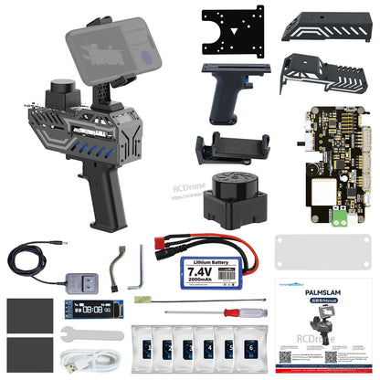 Kit contents with handheld body, vented round LiDAR module, controller board, battery, wiring, tools and manual