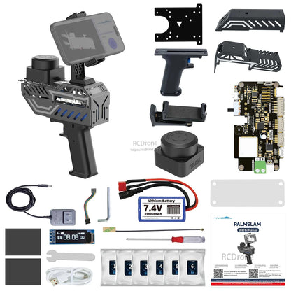 Kit contents with handheld body, compact LiDAR module on square base, main board, battery pack, cables, tools, manual