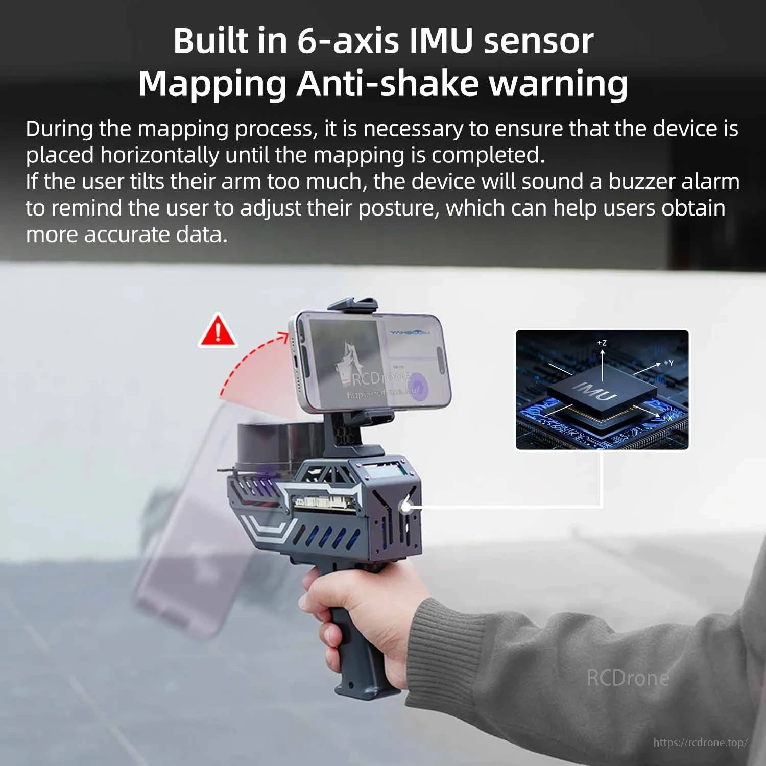 Built-in 6-axis IMU anti-shake warning graphic showing buzzer alert if device tilts during mapping