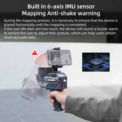 Built-in 6-axis IMU anti-shake warning graphic showing buzzer alert if device tilts during mapping