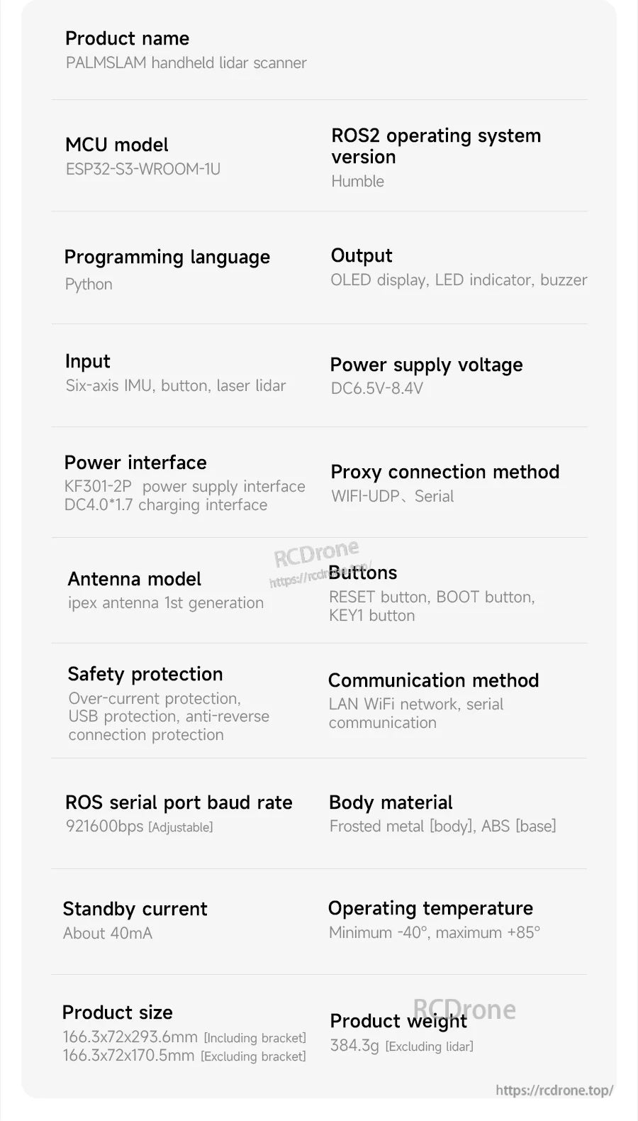 PALMSLAM handheld LiDAR scanner spec sheet with ESP32-S3, ROS2 Humble, WiFi-UDP/serial, and power details