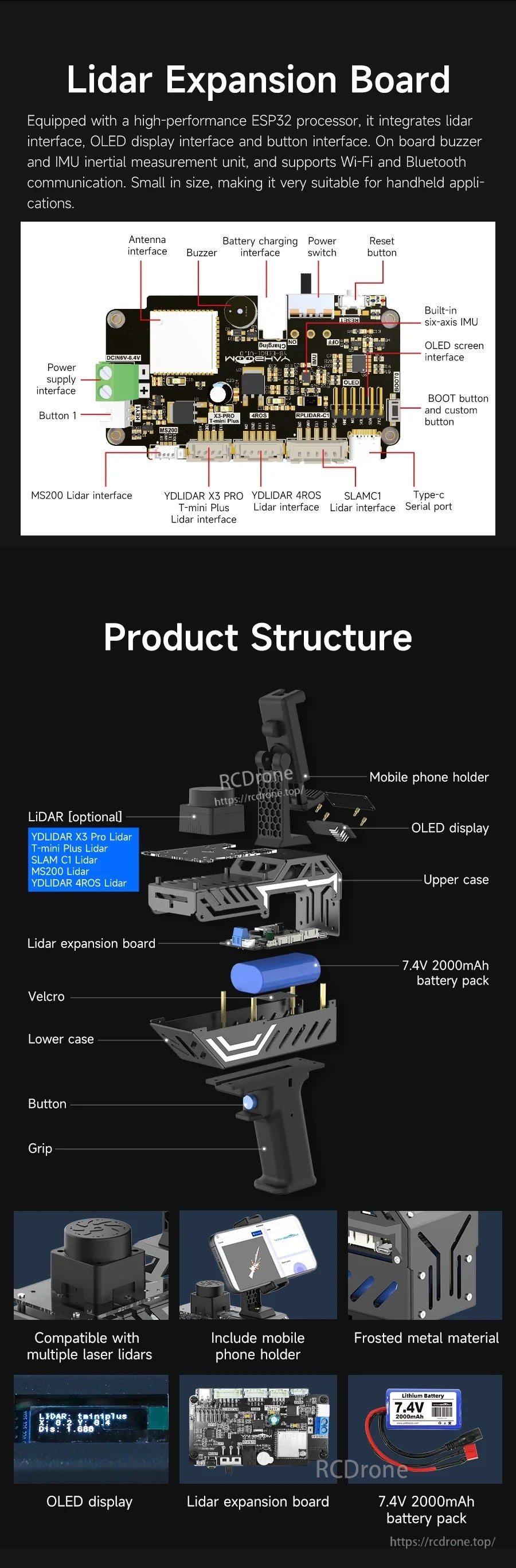 LiDAR expansion board pin diagram and exploded product structure showing OLED, IMU, battery, and housing