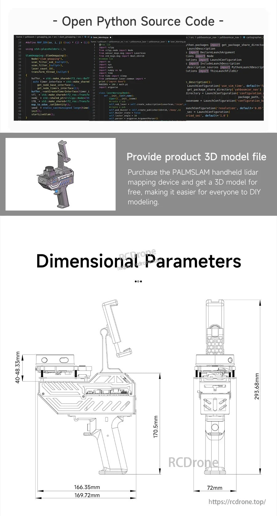 Open Python source code preview, provided 3D model file note, and PALMSLAM dimensional drawing