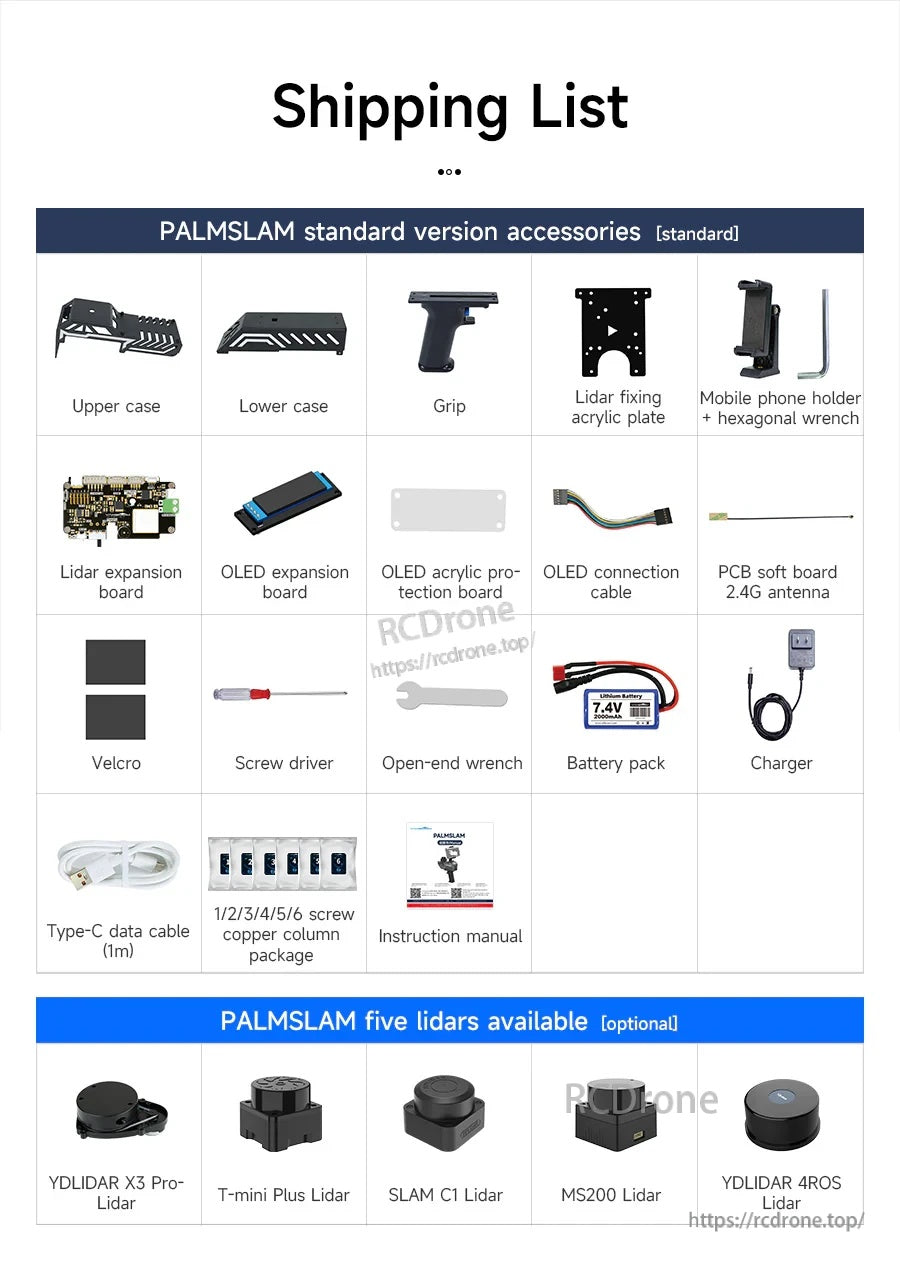 Shipping list for PALMSLAM handheld LiDAR SLAM scanner kit with cases, grip, OLED board, battery, charger, cables and tools