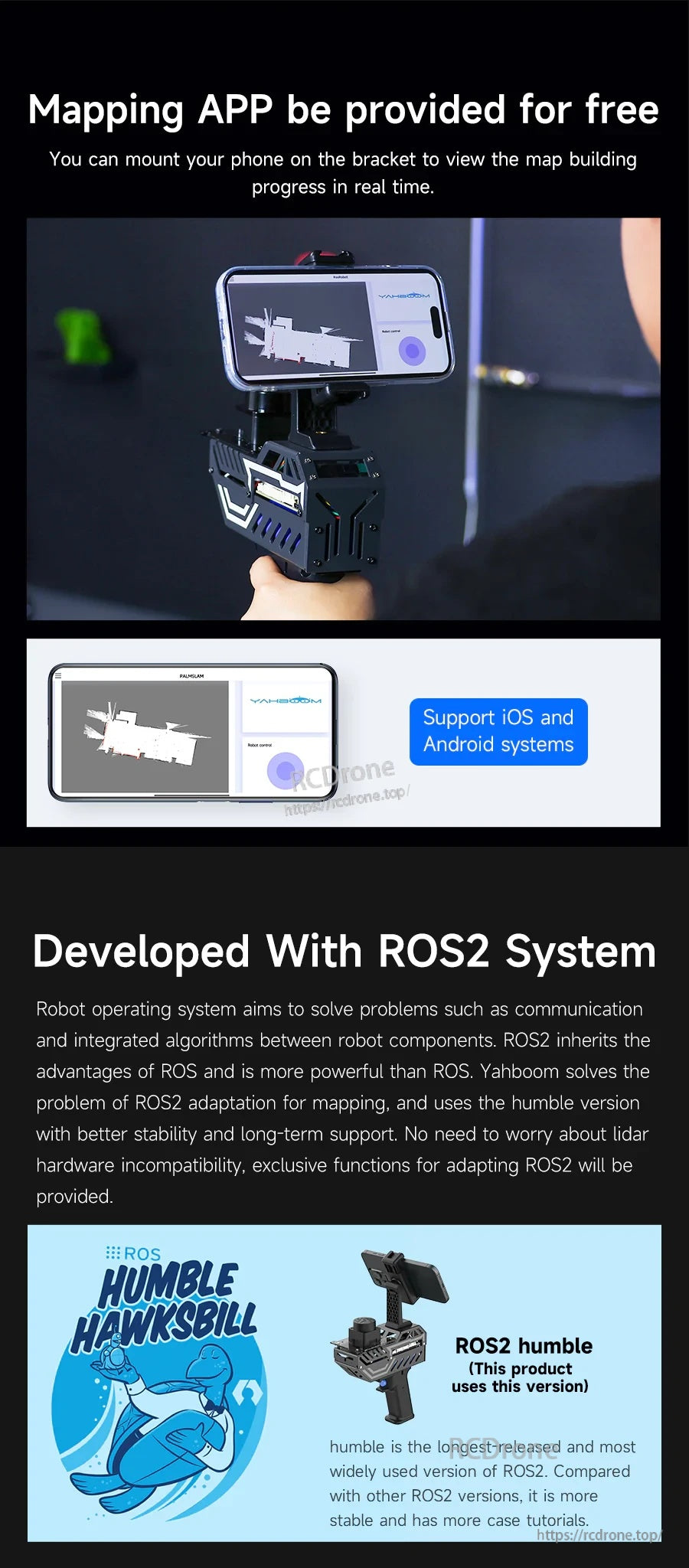 Free mapping app interface on phone plus ROS2 Humble development badge and platform notes