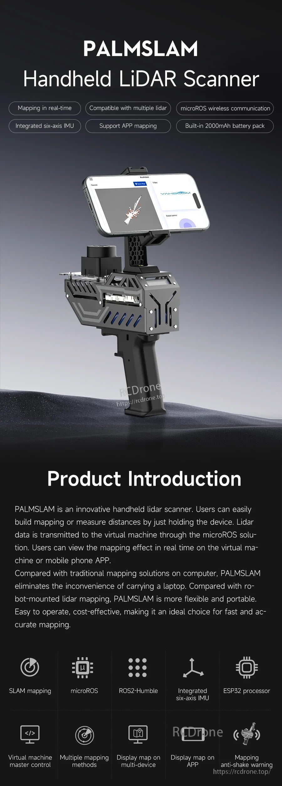 PALMSLAM handheld LiDAR scanner kit with phone mount for real-time 2D SLAM mapping and navigation