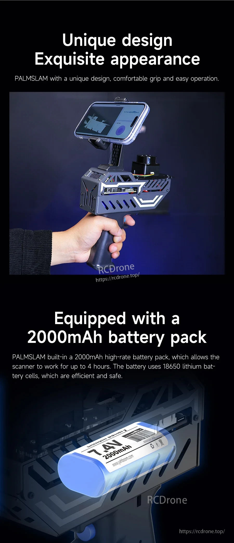 Handheld grip design with phone screen plus 2000mAh battery pack illustration for longer runtime