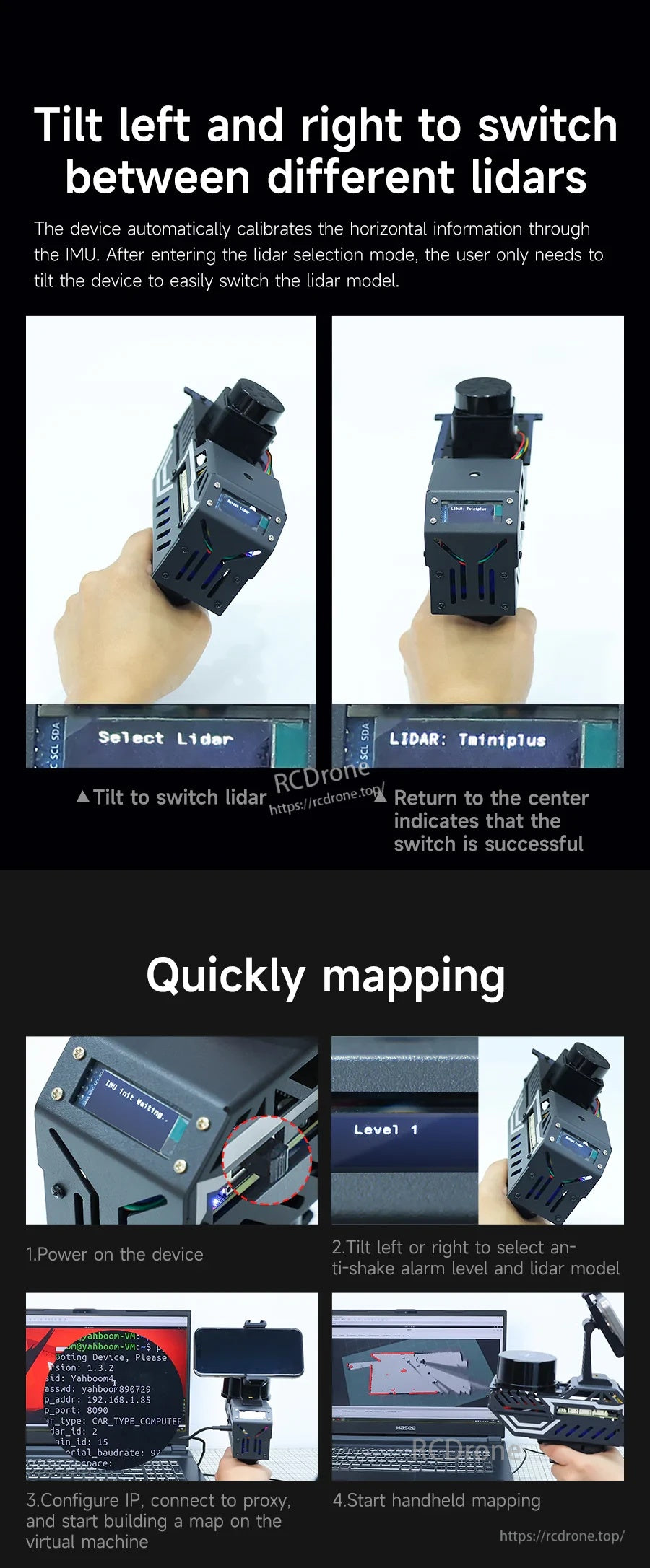 Tilt left/right gesture to switch LiDAR models on OLED screen, plus quick-start mapping steps