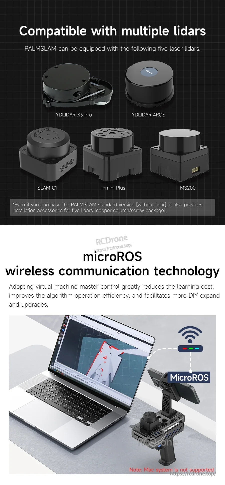 Supported optional LiDAR models list plus microROS WiFi-UDP wireless communication to a host computer