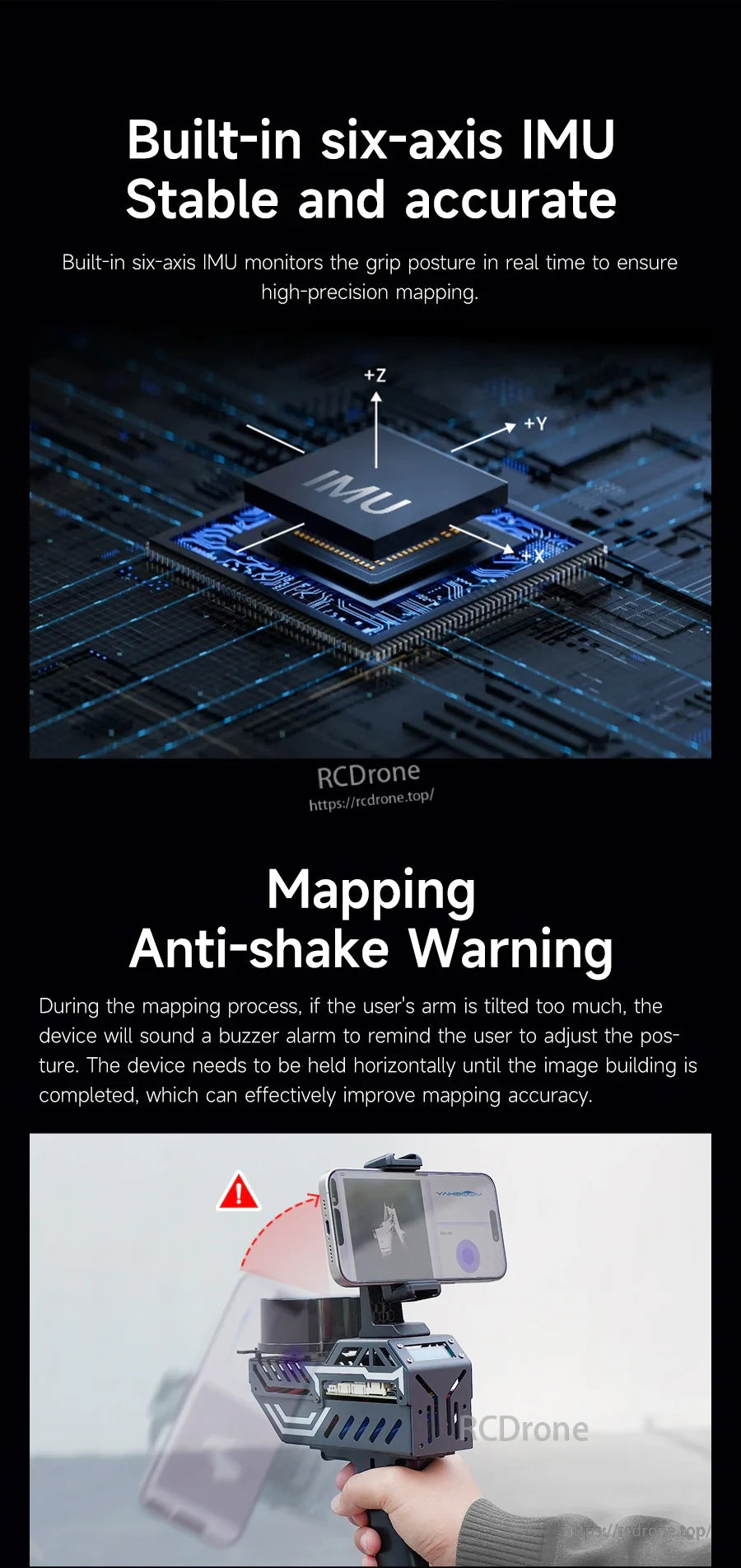 Built-in six-axis IMU graphic and anti-shake tilt warning buzzer to help keep the scanner level