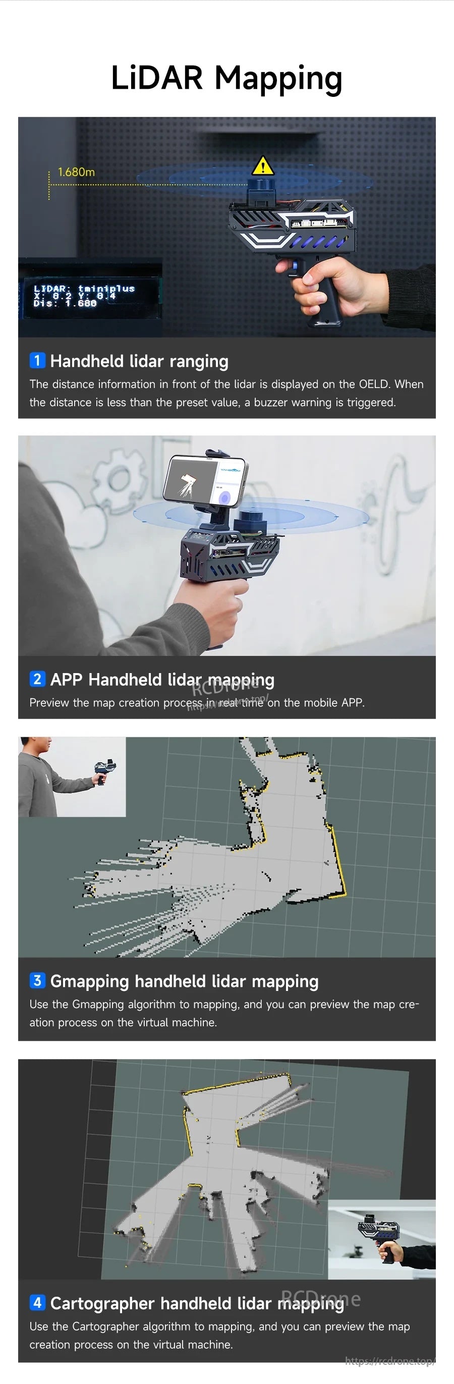 LiDAR mapping examples: handheld ranging, app preview, Gmapping and Cartographer 2D SLAM results