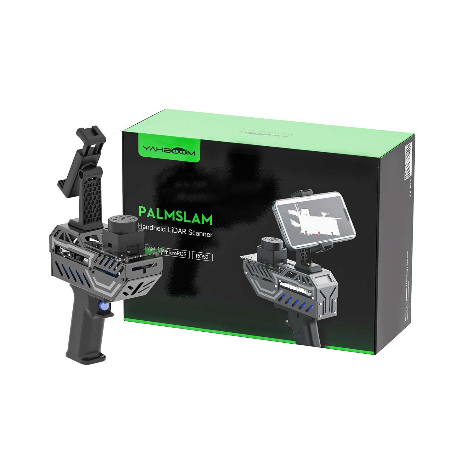 PALMSLAM handheld LiDAR scanner kit with phone holder, shown beside retail box