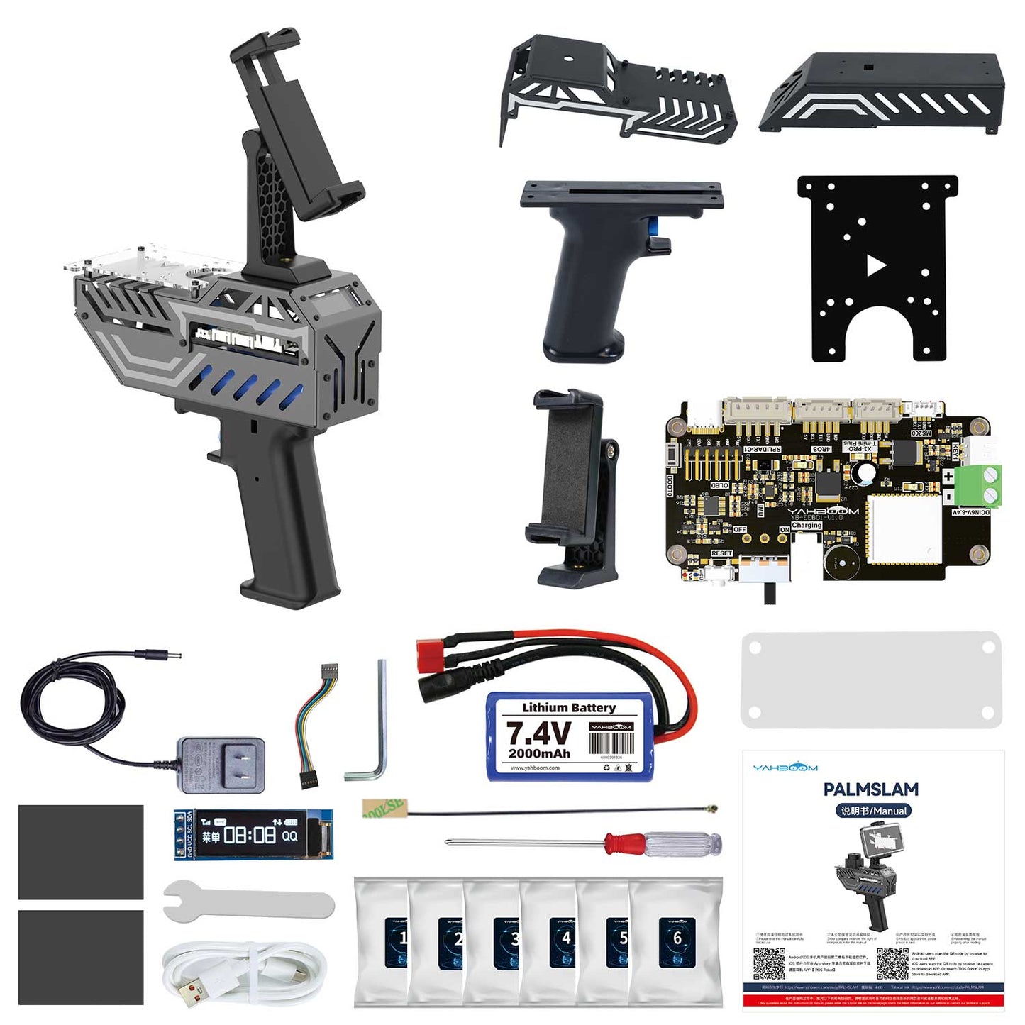 PALMSLAM kit contents without LiDAR module: handheld body, brackets, phone clamp, main board, battery, cables, tools