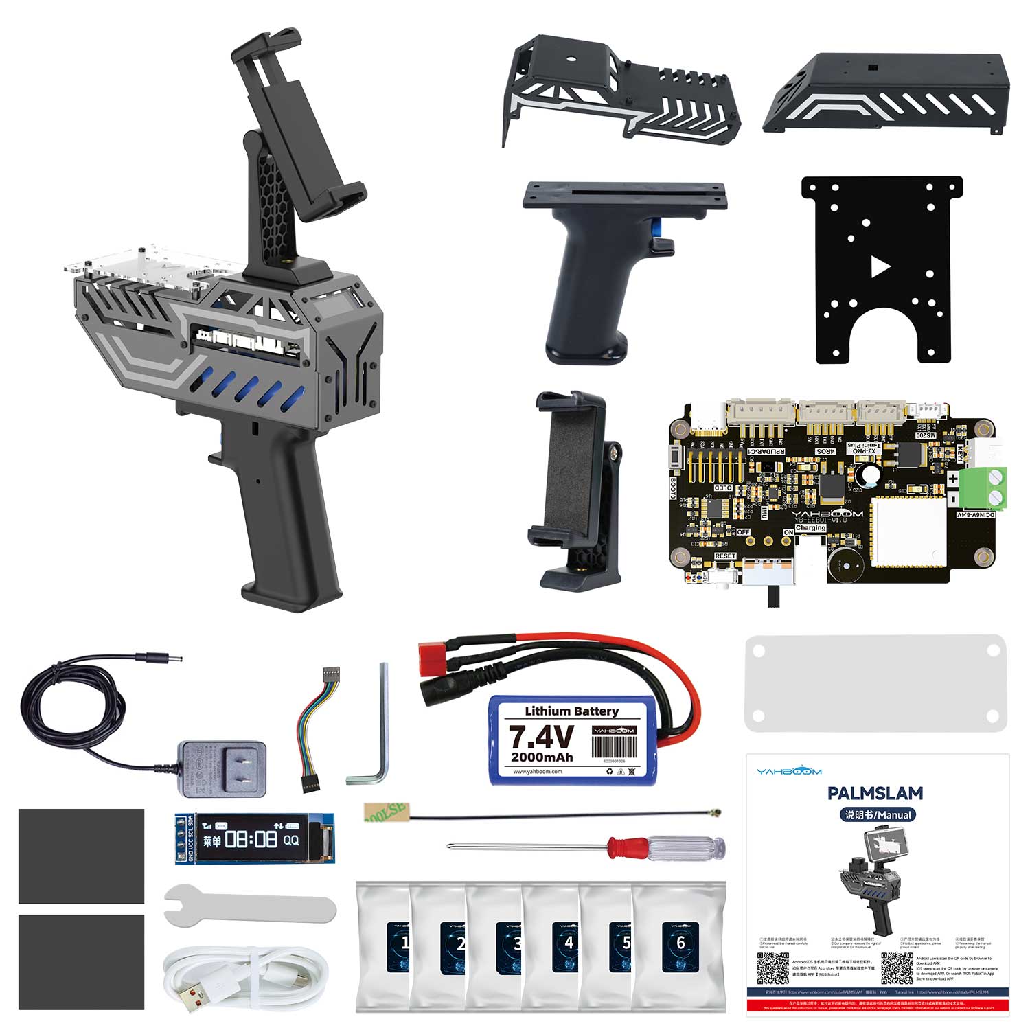 PALMSLAM kit contents without LiDAR module: handheld body, brackets, phone clamp, main board, battery, cables, tools