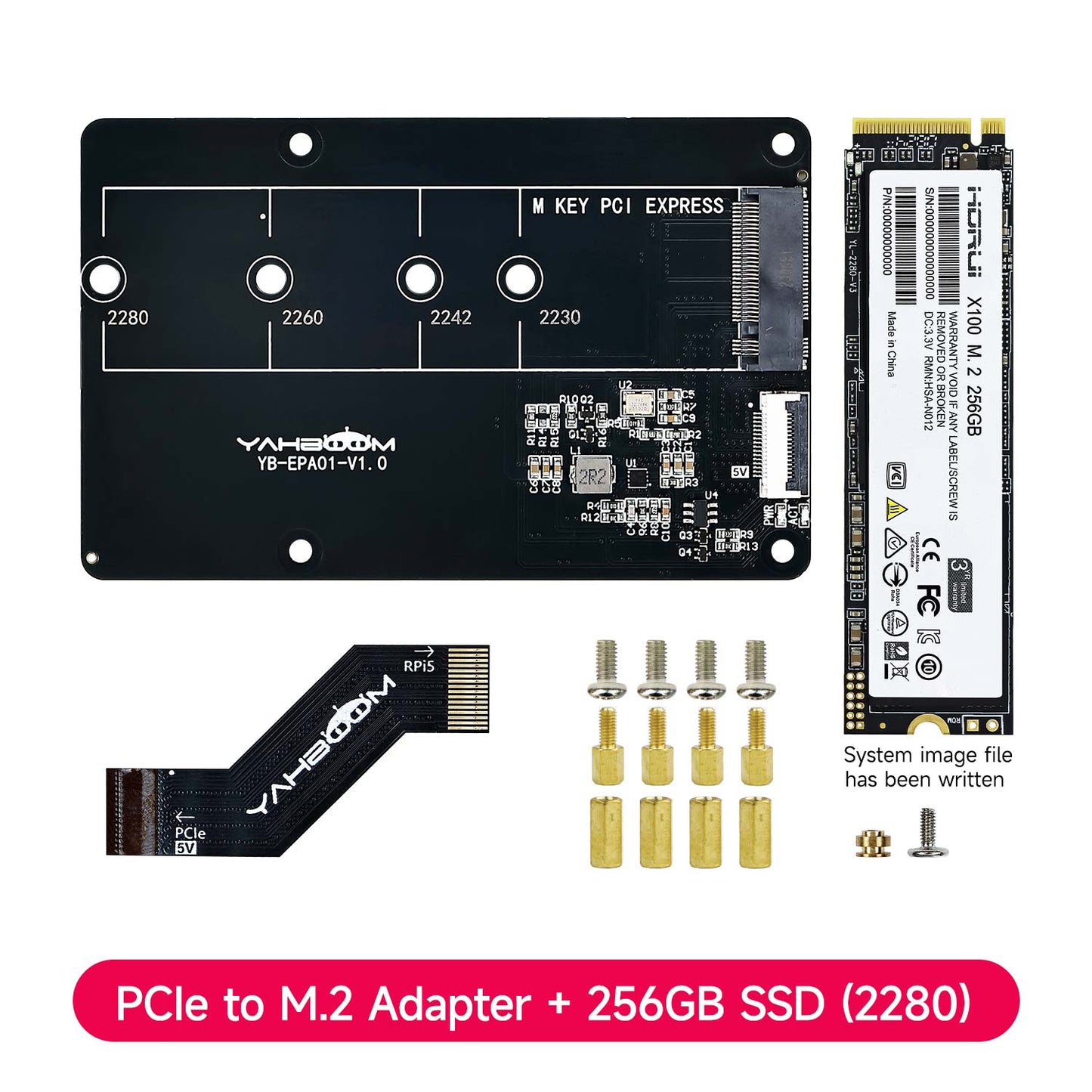 Package contents: PCIe to M.2 adapter board, 256GB M.2 SSD, FPC ribbon cable, screws and standoffs