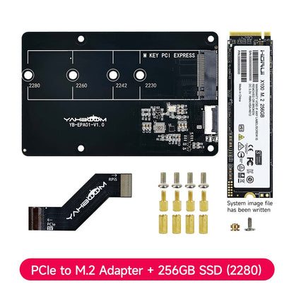 Package contents: PCIe to M.2 adapter board, 256GB M.2 SSD, FPC ribbon cable, screws and standoffs