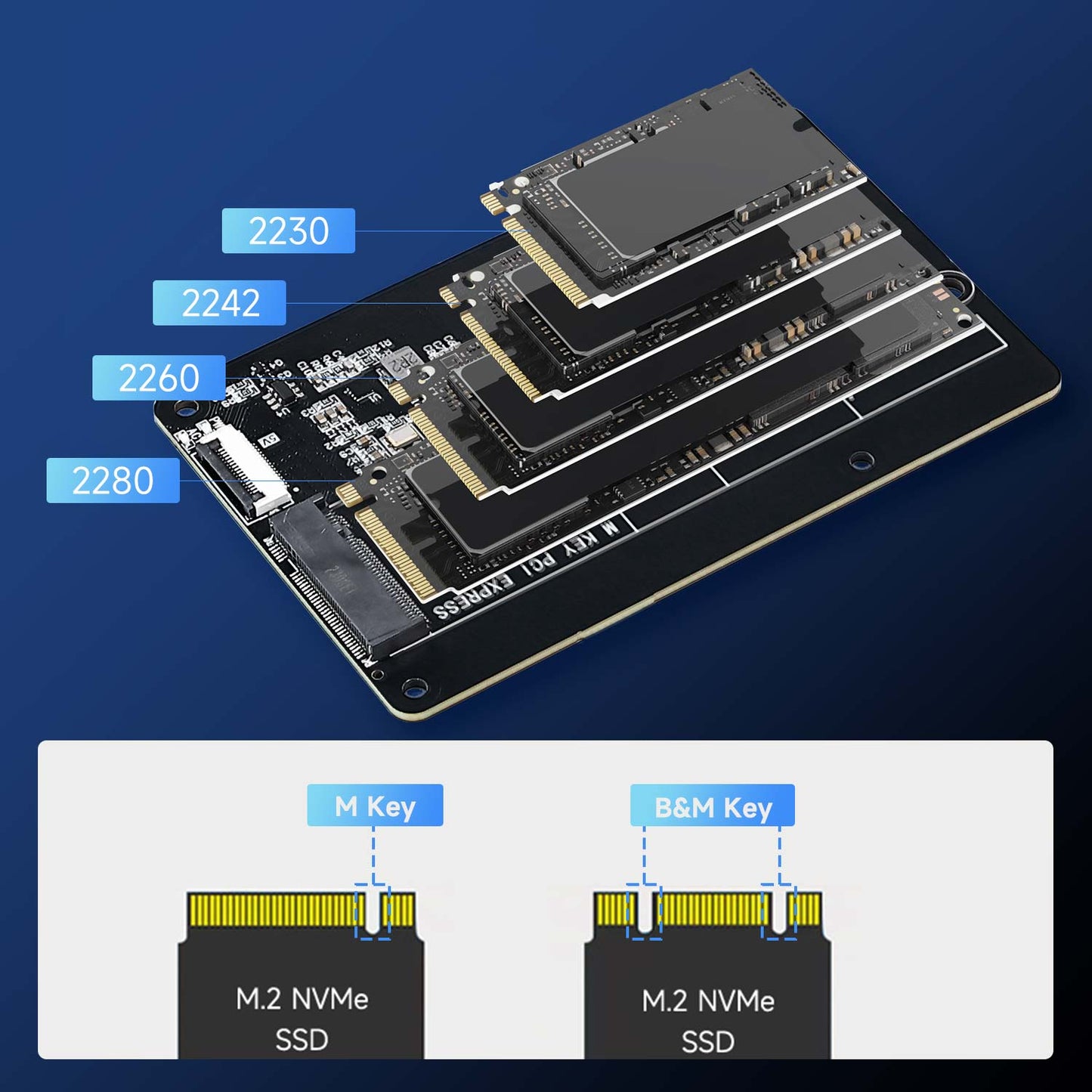 M.2 SSD fitment diagram showing 2230, 2242, 2260 and 2280 mounting positions on adapter board