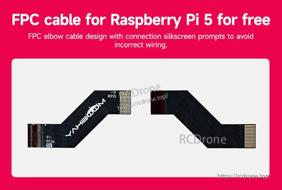 16‑pin FPC elbow ribbon cable for Raspberry Pi 5 PCIe connection, with orientation labels on the cable ends