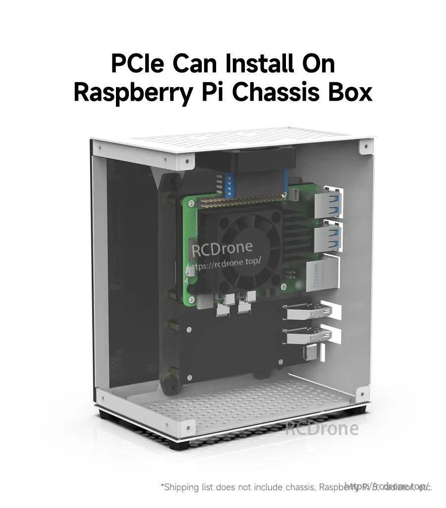 Raspberry Pi 5 installed in a chassis case with the PCIe to M.2 NVMe expansion mounted inside