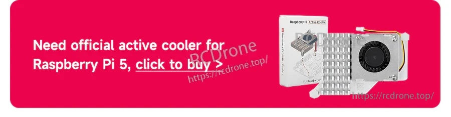 Banner promoting an official active cooler for Raspberry Pi 5, separate purchase