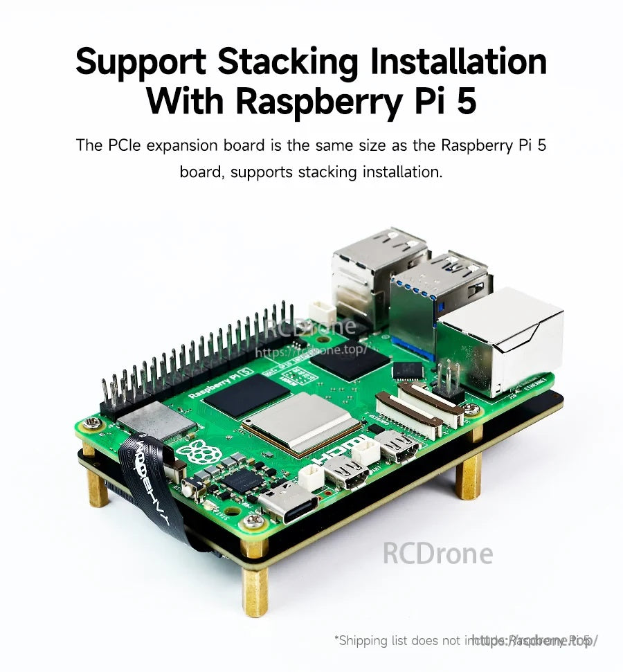 Stacking installation view of Raspberry Pi 5 mounted above the PCIe to M.2 adapter using standoffs