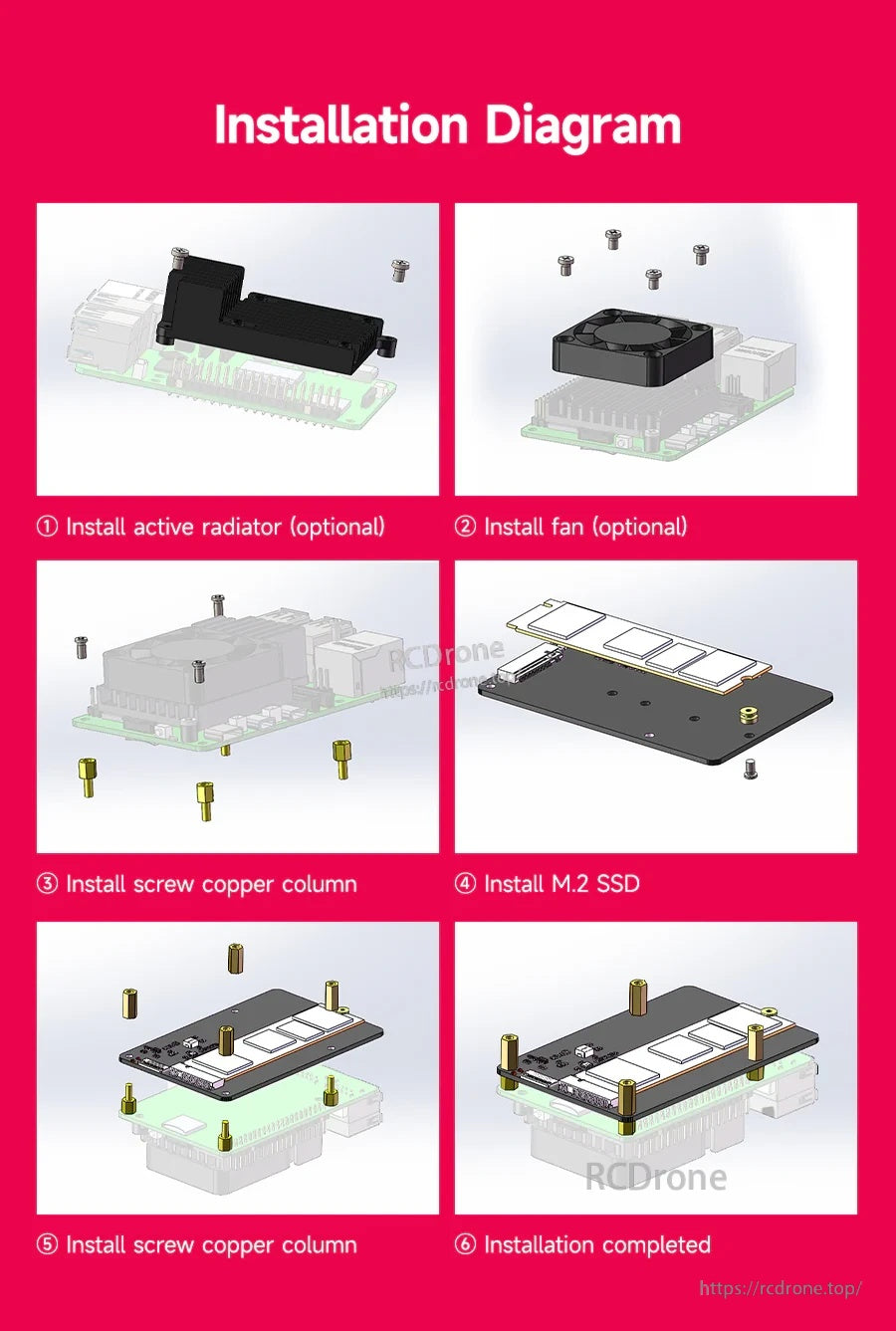 Step-by-step installation diagram: optional cooler/fan, standoff columns, install M.2 SSD, and complete stacked assembly