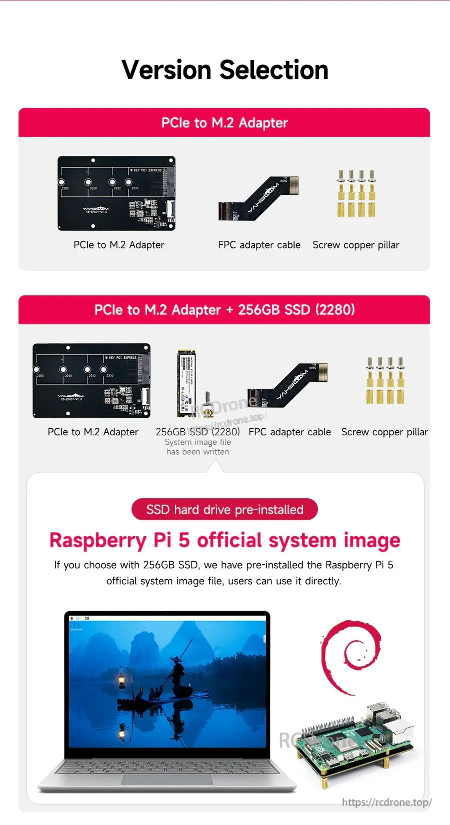 Version options for the PCIe to M.2 kit: adapter-only or adapter with 256GB 2280 NVMe SSD and mounting hardware