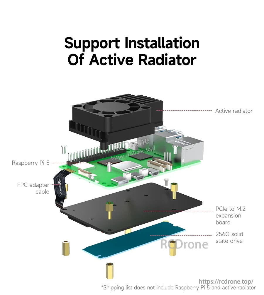 Exploded view of Raspberry Pi 5 stack with active cooler, FPC cable, PCIe to M.2 board, standoffs, and NVMe SSD