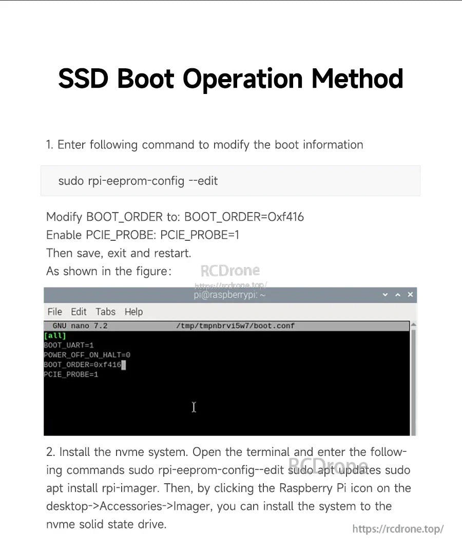 SSD boot setup instructions screen for Raspberry Pi 5, showing EEPROM configuration commands and boot order settings