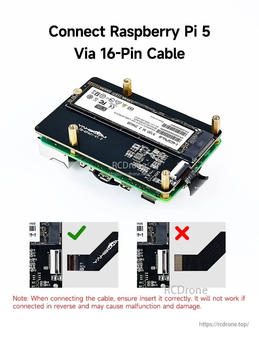 Yahboom YB-EPA01-V1.0 PCIe to M.2 adapter stacked under Raspberry Pi 5, with correct vs reversed 16‑pin FPC cable orientation