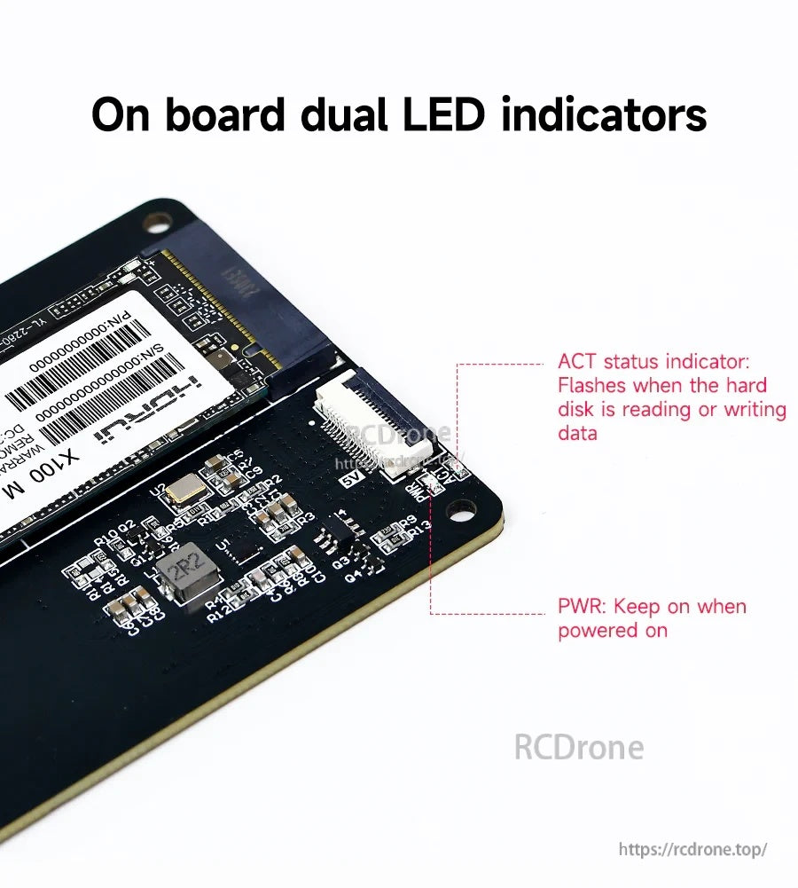 Close-up of the adapter board LEDs labeled PWR and ACT for power and NVMe read/write activity status