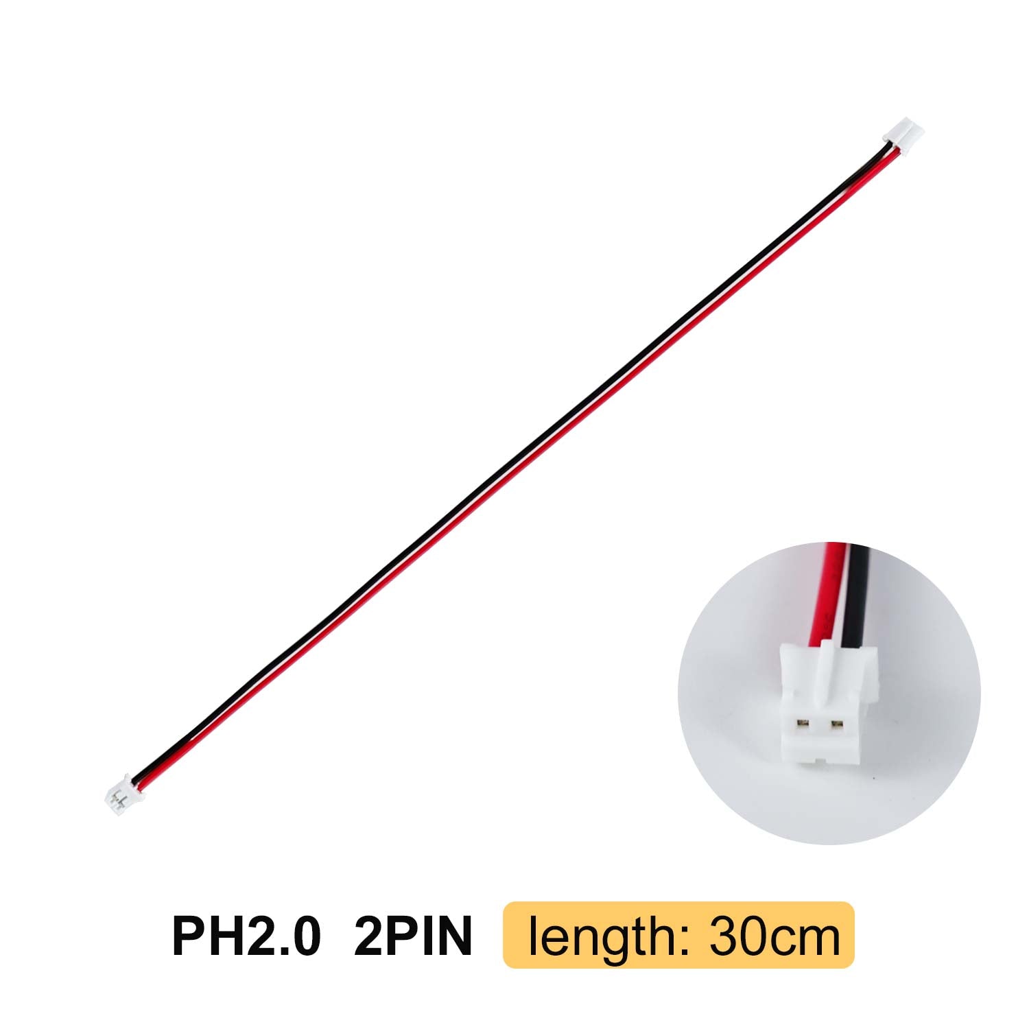 PH2.0 2-pin anti-reverse connector cable, 30 cm length, red and black wire close-up