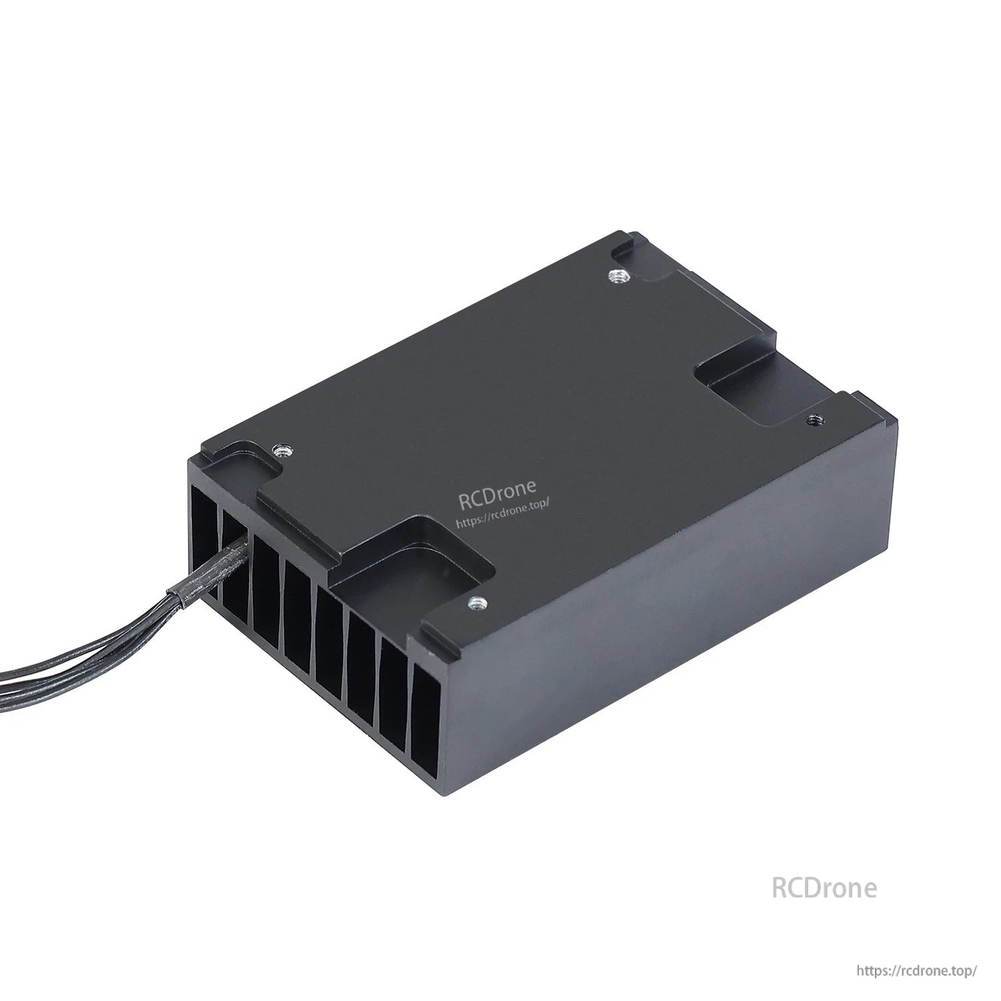 Bottom view of heatsink housing showing mounting screw holes, cutouts, and cable exit near fins