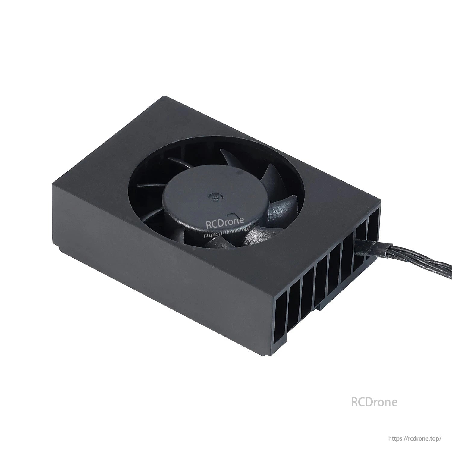 Angled top view close-up of fan and finned heatsink housing with attached cable