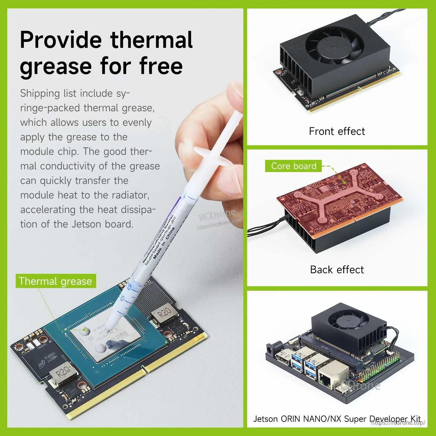 Thermal grease application guide with front/back mounting views on Jetson Orin Nano/NX Super board