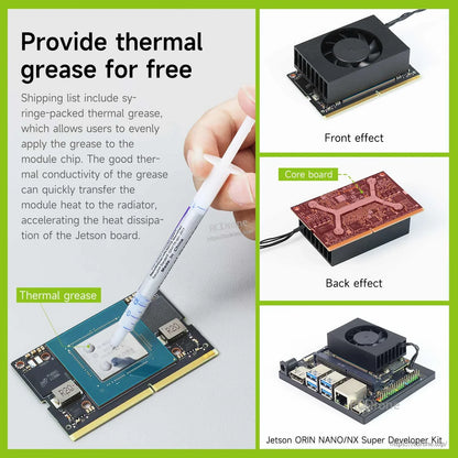 Thermal grease application guide with front/back mounting views on Jetson Orin Nano/NX Super board