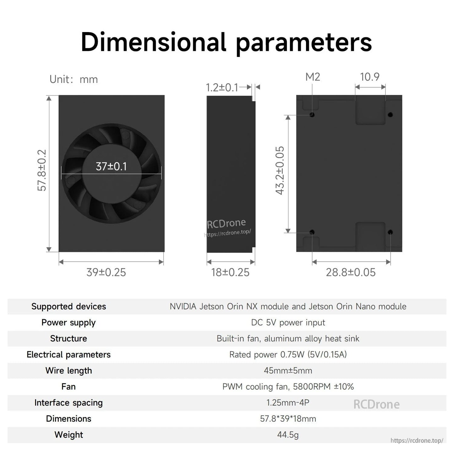 Dimensional parameters diagram for fan heatsink with mm measurements and electrical parameter table