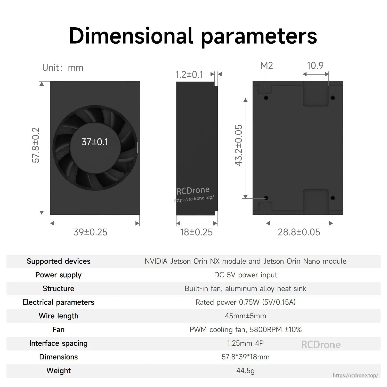 Dimensional parameters diagram for fan heatsink with mm measurements and electrical parameter table