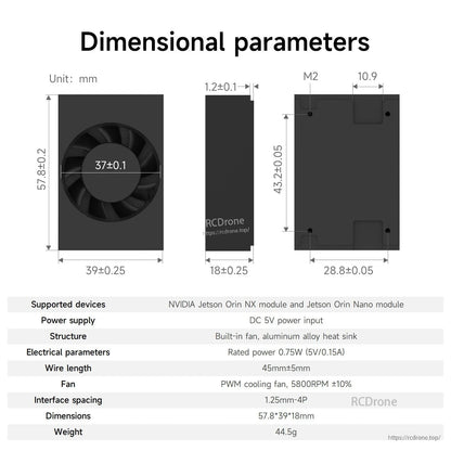Dimensional parameters diagram for fan heatsink with mm measurements and electrical parameter table