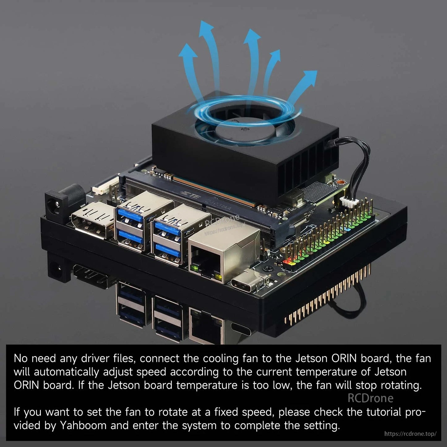 PWM adjustable cooling fan installed on Jetson Orin developer board, airflow direction illustrated