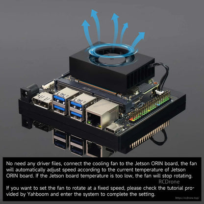 PWM adjustable cooling fan installed on Jetson Orin developer board, airflow direction illustrated
