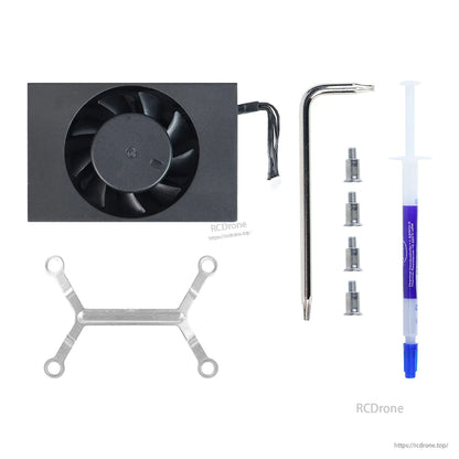 Kit components on white background: fan module, mounting bracket, screws, hex key, thermal grease syringe