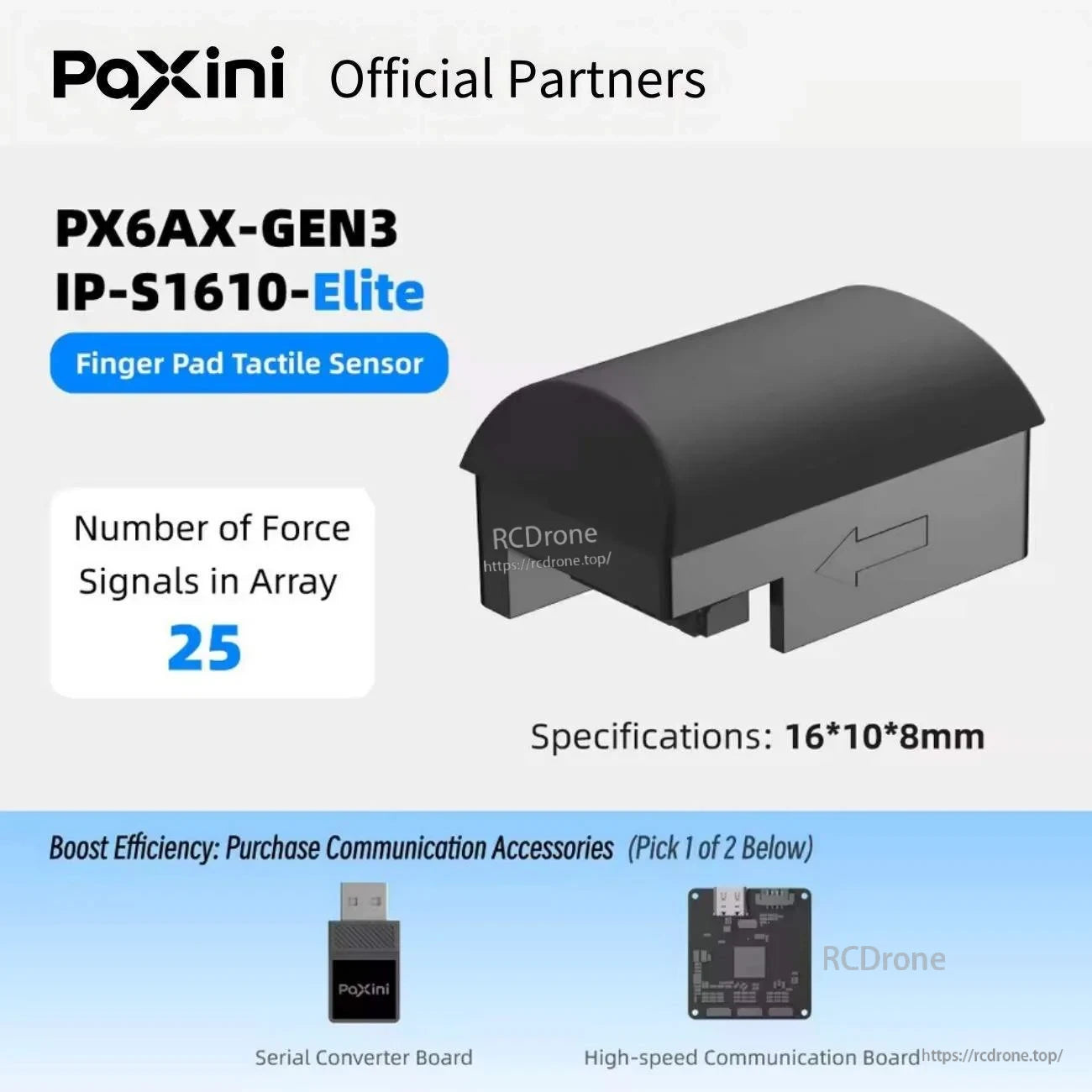 PX6AX-GEN3 IP-S1610-Elite finger pad tactile sensor, 25 force signals, 16×10×8 mm housing