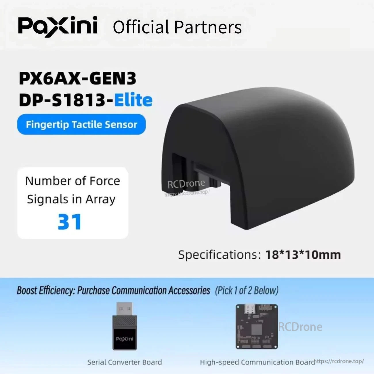 PX6AX-GEN3 DP-S1813-Elite fingertip tactile sensor, 31 force signals in array, 18×13×10 mm