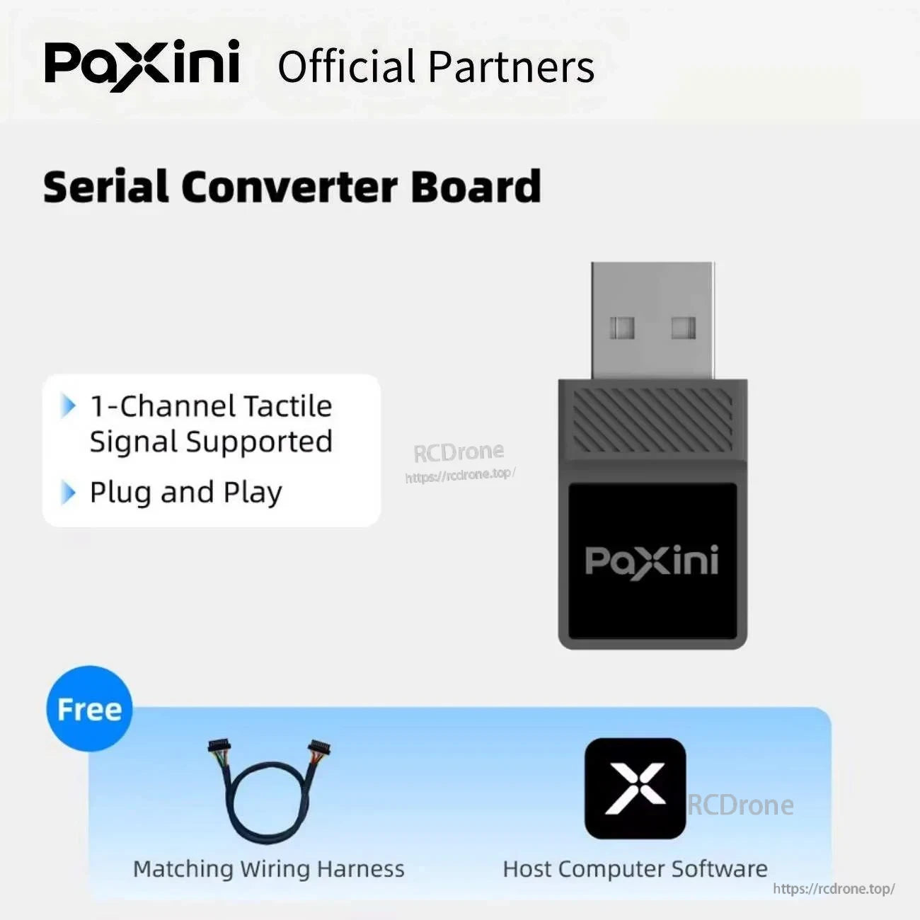 PaXini serial converter board (USB) for 1-channel tactile signal, plug-and-play, includes matching wiring harness