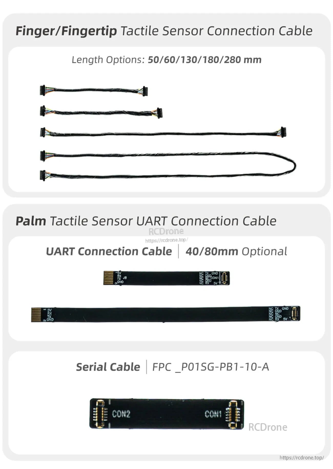 PaXini PX-6AX GEN3 tactile sensor harness cable set with fingertip lengths, palm UART cable, and serial FPC