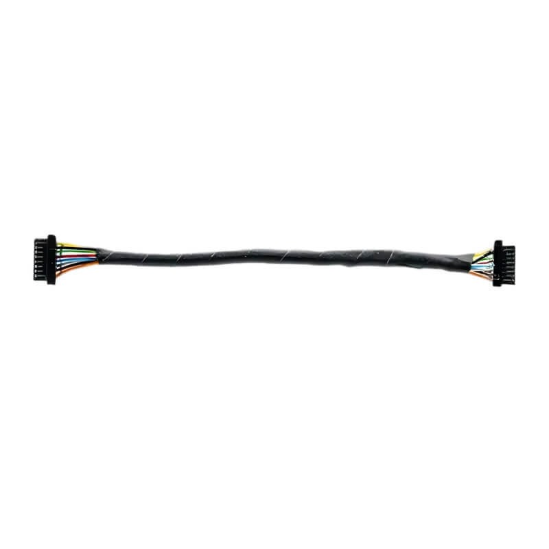 DF53 wire harness cable with dual board connectors, black sleeved multi-color leads, straight view